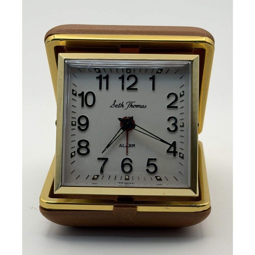 Vintage Seth Thomas Wind Up Travel Alarm Clock Brown Folding Works Great